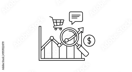 Business growth analysis with shopping cart, magnifying glass, and financial chart