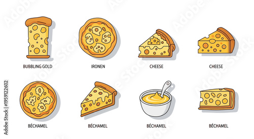 Variety of pizza slices and cheese.