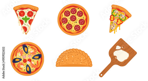 Variety of pizza slices and food.