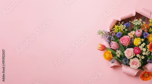 
An elegant bouquet of colorful flowers emerging from a background of torn pink paper.