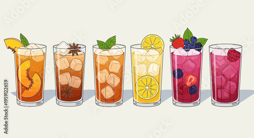 Variety of colorful summer drinks with fruits.