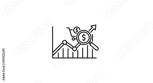 Business Growth Chart with Magnifying Glass, Shopping Cart, and Dollar Sign