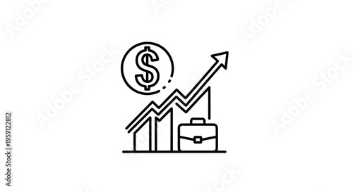Business Growth Icon: Dollar Sign, Upward Arrow Graph, Briefcase - Finance Concept