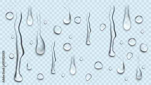 Realistic water drops, transparent vector droplets and wet rain streaks collection
