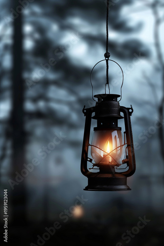 A lantern hangs from a tree branch in a foggy forest. The soft light glows in the dark. Shadows mix with the mist. The scene shows nature at night.