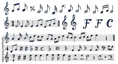 Hand-drawn musical notes and symbols on a white background