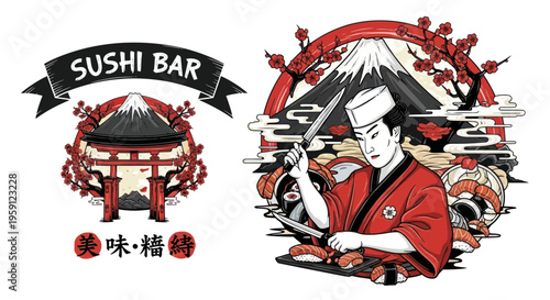 Japanese Sushi Chef Preparing Fresh Sushi Near Torii Gate and Mt. Fuji