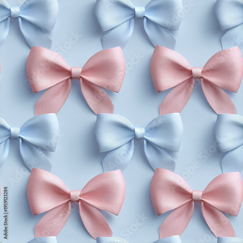 Soft pink and powder blue bow pattern on light blue background creates airy and elegant seamless tile design with delicate texture and gentle pastel colors