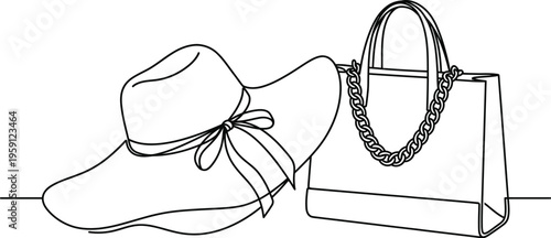 Fashion illustration of a stylish hat and elegant handbag with chain strap