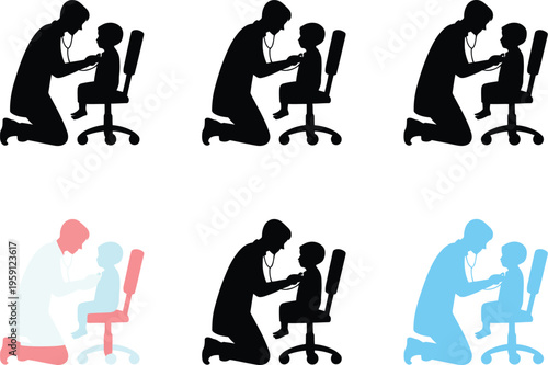 Pediatrician examination illustration, doctor examining child with a stethoscope in hospital setting, representing healthcare, medical care and child wellness concepts.