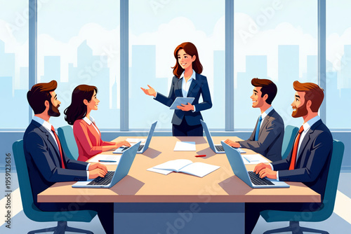 A woman presents to a group of businesspeople in a meeting