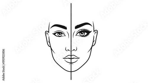 Symmetrical female face outline with center line beauty proportions cosmetic planning aesthetic balance facial structure line icon illustration