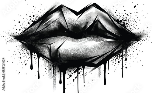 A black and white illustration of lips with paint splatters and drips around them creating a bold artistic statement