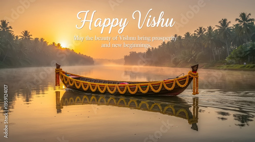 Happy Vishu festival celebrated with a decorated boat on a misty river at sunrise