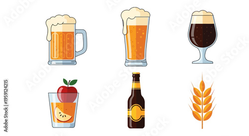 Alcoholic beverages icons set with beer.