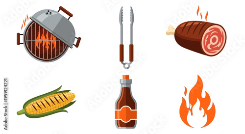 BBQ grill with food and drink.