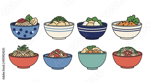 Colorful bowls of various noodle dishes.