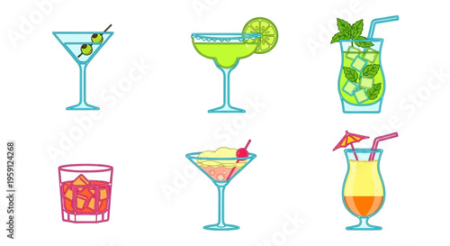 Cocktail drinks icons colorful illustrations.