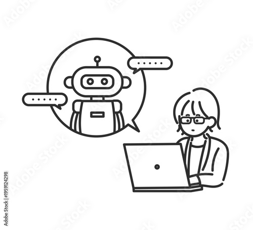 生成AIを使って仕事をするビジネスウーマンのイラスト　線画のみ