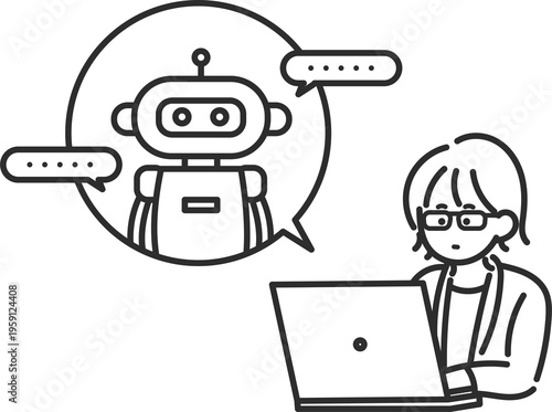 生成AIを使って仕事をするビジネスウーマンのイラスト　線画のみ