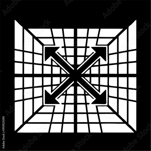Abstract X-shaped arrow symbol with grid lines.