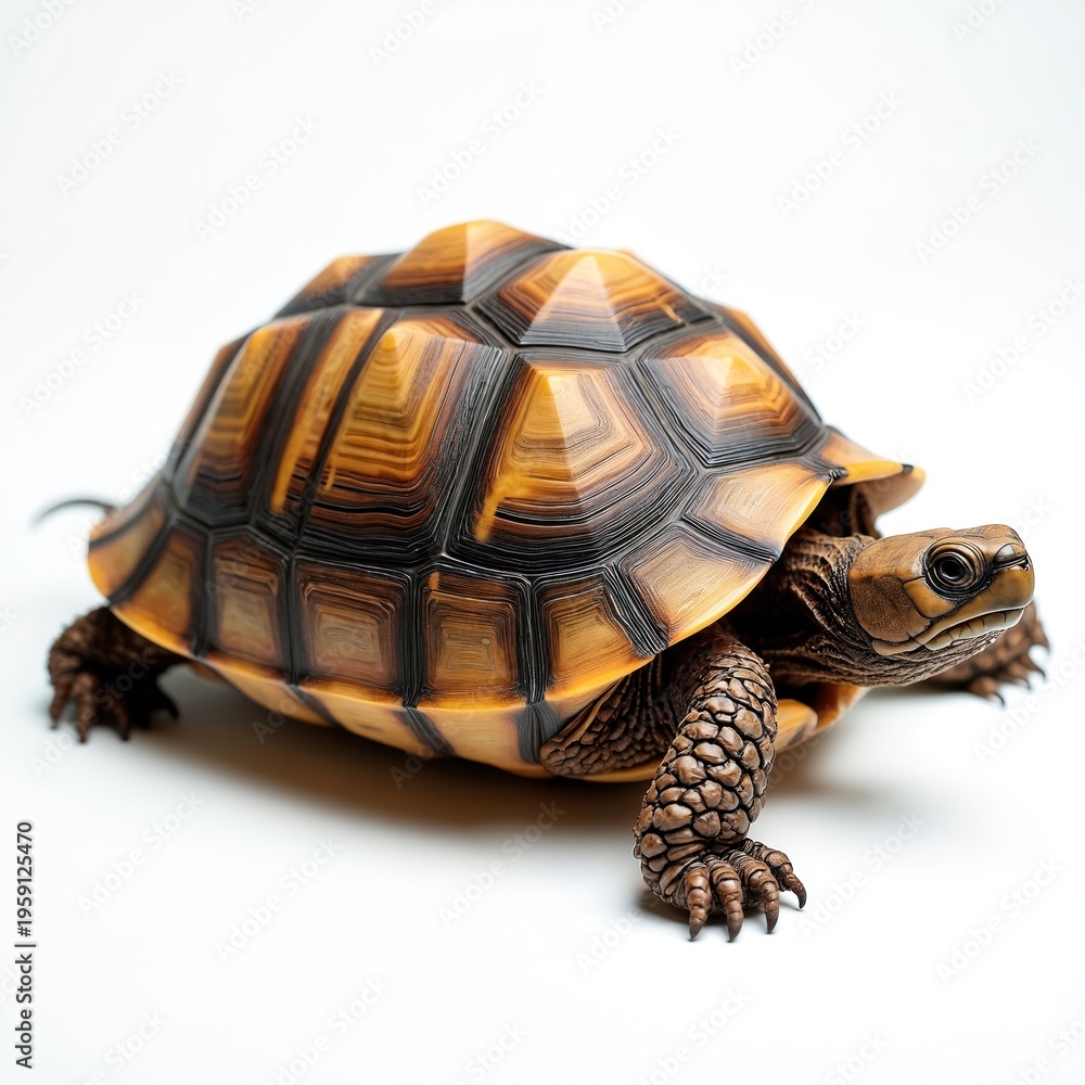Fototapeta premium Brown turtle reptile with detailed shell pattern isolated on white studio background. Closeup side view of wild animal, creature facing right with textured skin and scaled legs.