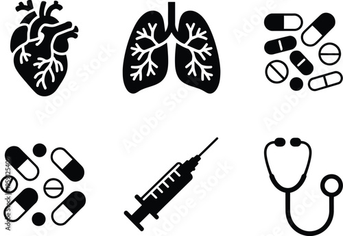 Medical icons set, monochrome silhouette illustration of healthcare symbols including heart, lungs, medicine, pills, syringe, and hospital equipment for medical graphic use.