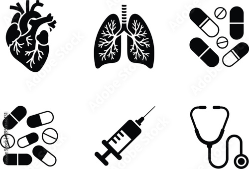 Medical icons set, black silhouette vector collection featuring heart, lungs, pills, capsules, syringe, stethoscope, and hospital equipment symbols for healthcare design.