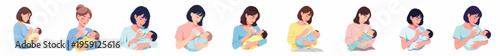 A young mother calmly feeding her infant with a milk bottle, flat vector illustration, smooth shapes, pastel palette, white background, no outline.