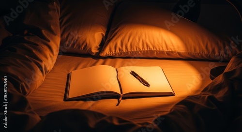 An open notebook and pen rest on a soft bed, illuminated by warm lamp light at night to create a calm atmosphere for evening reflection, dark, light, serene