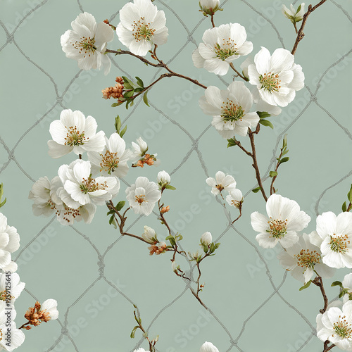 White flower branch pattern with soft green trellis background, delicate spring bloom design creating airy and elegant floral tile perfect for wallpaper or fabric