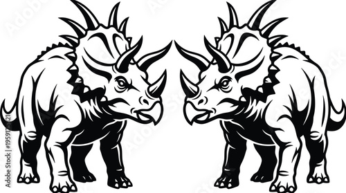 Aggressive Styracosaurus Dinosaur Mascot Vector Illustration with Sharp Horns and Defensive Shield Frill Facing Each Other in Black and White