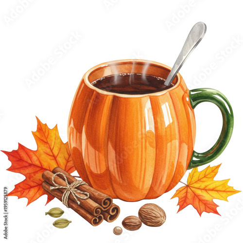 Steaming spiced cider in a pumpkin-shaped ceramic mug, with cinnamon, nutmeg, and autumn maple leaves, on a transparent background, cozy autumn holidays atmosphere