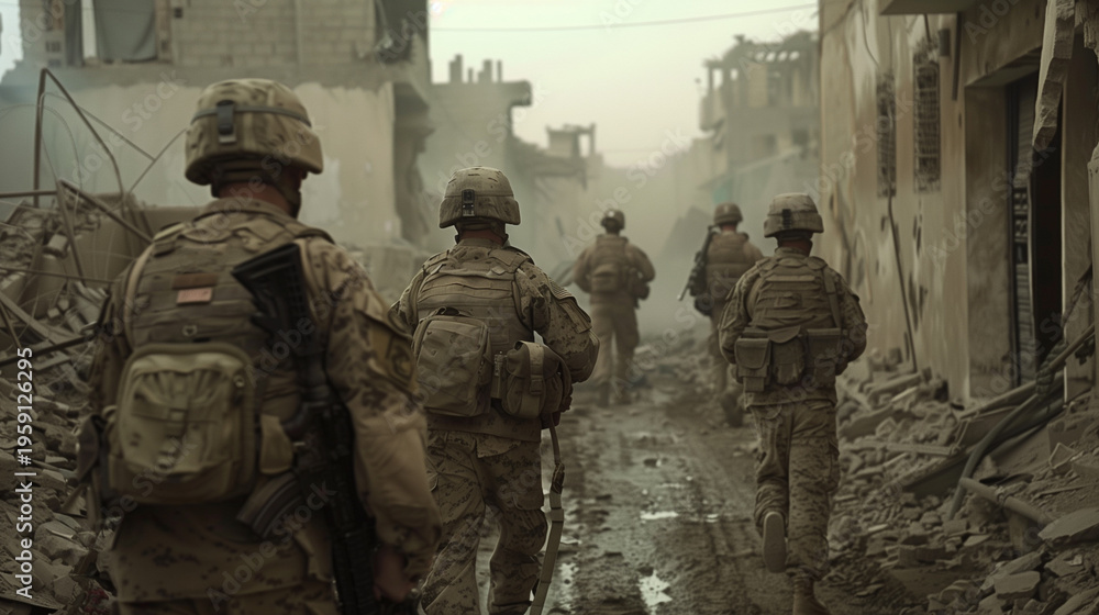 Fototapeta premium Soldiers walk together through a damaged street filled with rubble. The environment shows signs of conflict. Dust hangs in the air as they continue their mission.