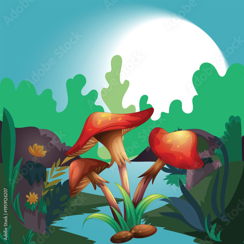  is a digital illustration depicting a forest landscape with giant red mushrooms.