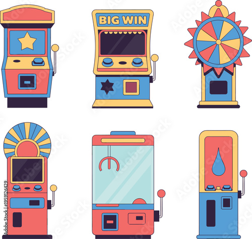Retro arcade machine collection vector illustration, colorful gaming cabinets with prize wheel claw game