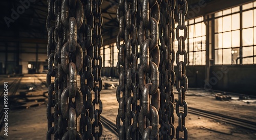 Close up view of heavy rusty metal chains hanging in an abandoned industrial warehouse with large windows in the background illustration