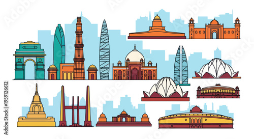 Famous Delhi Landmarks Skyline Illustration - India Architecture Collection
