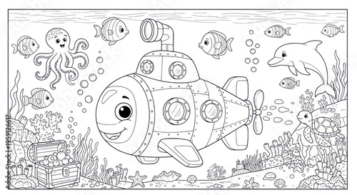 Coloring Page: Cute Cartoon Submarine with Ocean Animals Underwater Adventure