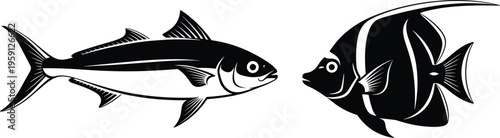 Black and white vector illustration of a sleek predatory game fish and a tropical Moorish idol fish for marine design.