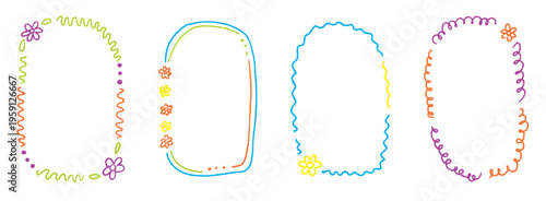 Clean childish lines with light chalk texture and playful shapes. Crayon kindergarten frame set for baby photos, diplomas and children layouts.