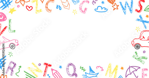 Sketchy pencil lines and pastel texture create cute childish effect. Crayon kindergarten frame for school certificates, kids artwork and photo layouts.