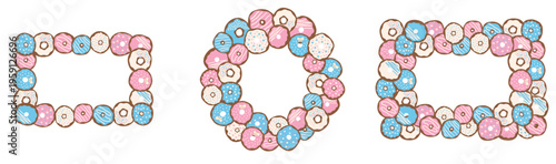 Fun cartoon treats with sugar topping arranged as frame. Donut frame perfect for festive invitations and candy themed design.