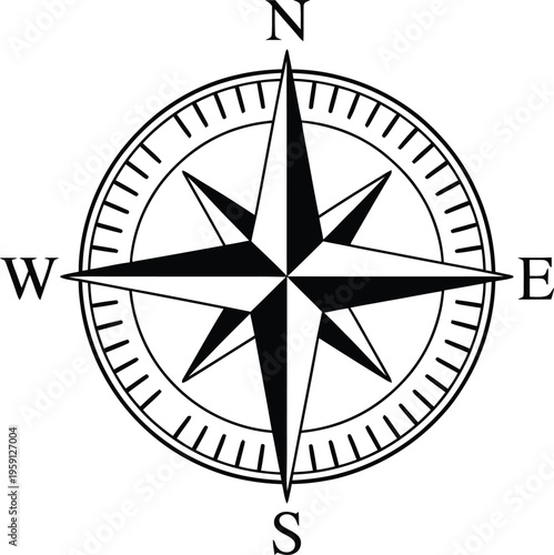 Compass rose illustration, monochrome nautical compass design with classic directional points for navigation maps, maritime theme, and vintage-style artwork.