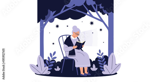 Elderly woman reading a book in a serene garden at night, surrounded by trees and stars