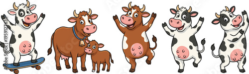 Cute Cartoon Cow Vector Sticker Set Featuring Cow on Skateboard Happy Dancing Cows and Mother Cow with Calf for Kids Farm Nursery Decor