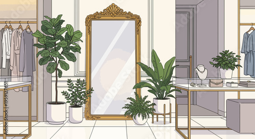 Elegant boutique interior with clothing racks, plants, and ornate mirror
