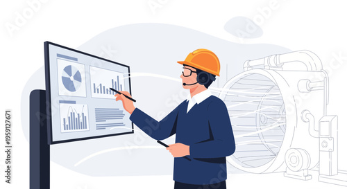 Engineer analyzing industrial data on screen, wearing hard hat and headset