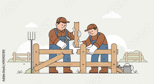 Farmers Building a Wooden Fence on a Farm