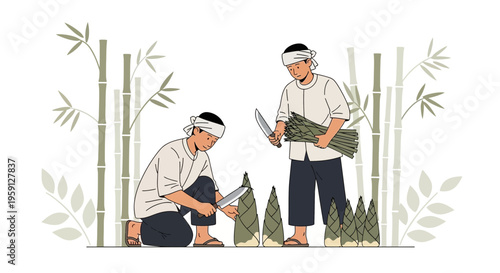 Farmers Harvesting Bamboo Shoots in a Lush Bamboo Forest